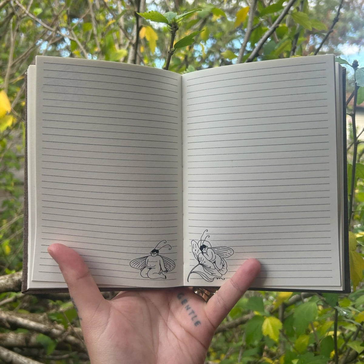 Inside the Frances Cannon Fairy Journal, lined pages with illustrated corners