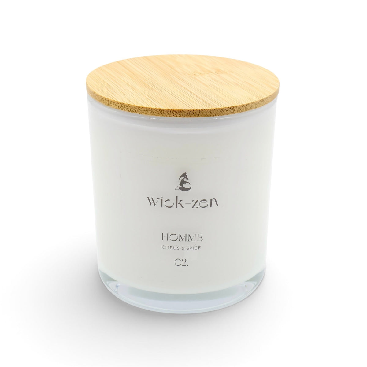Wick-Zen Homme candle, Citrus & Spice, white jar with bamboo lid