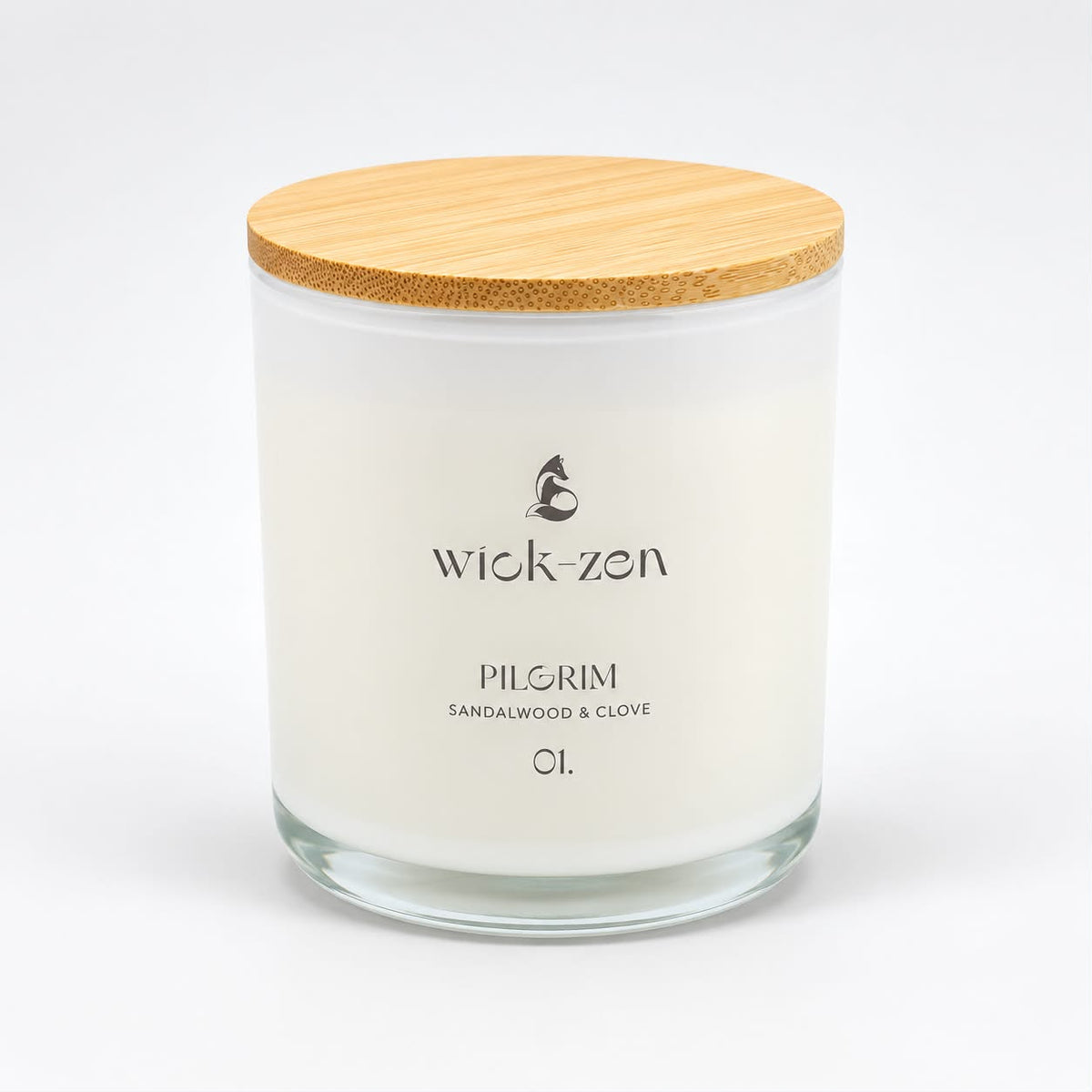Wick-Zen Pilgrim candle, Sandalwood & Clove, white jar with bamboo lid