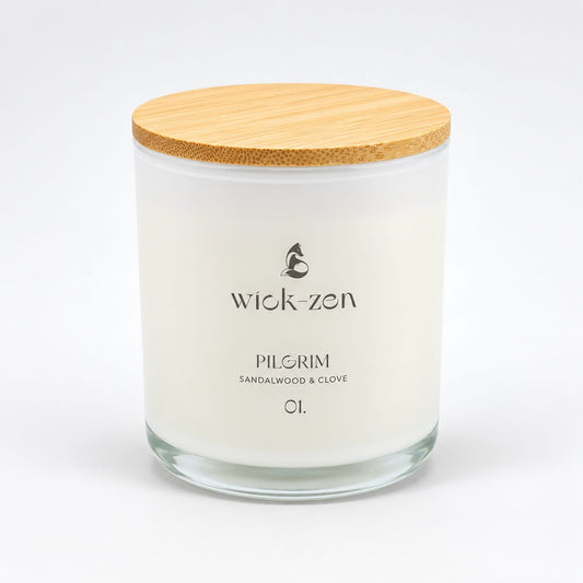 Wick-Zen Pilgrim candle, Sandalwood & Clove, white jar with bamboo lid