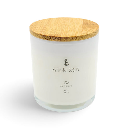 Wick-Zen PS candle, Palo Santo, white jar with bamboo lid