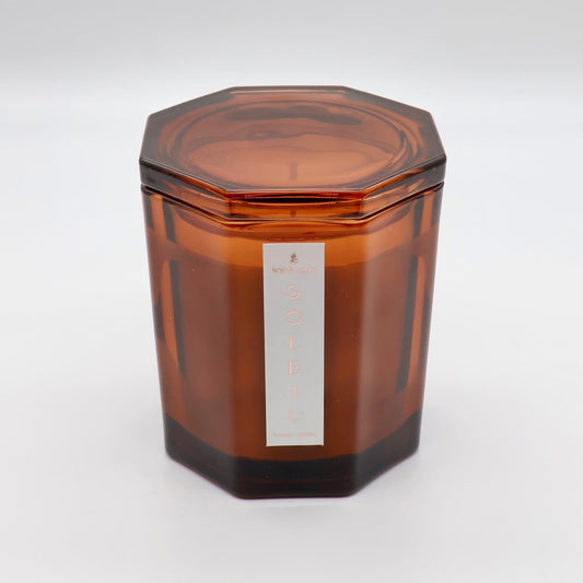 Wick-Zen Soleil limited edition candle in amber octagonal glass jar with lid