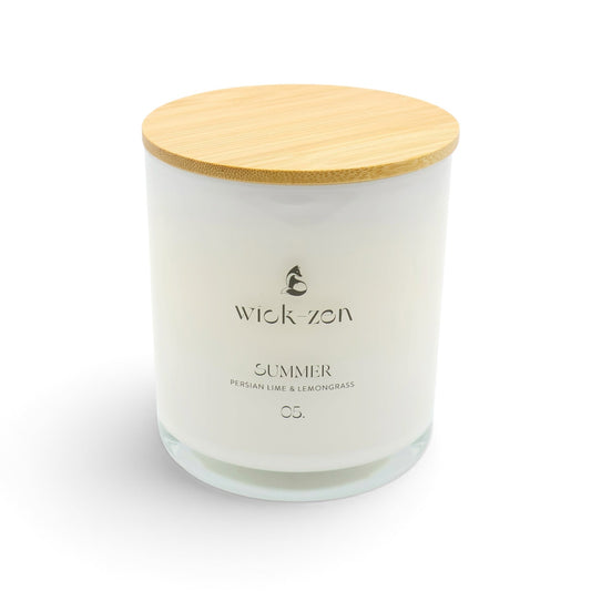 Wick-Zen Summer candle, Persian Lime & Lemongrass, white jar with bamboo lid